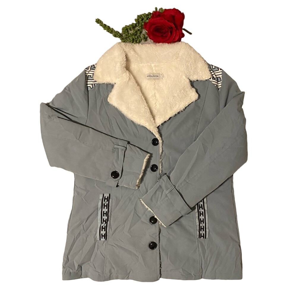 Misslook Fleece Lined Women’s Button Up Jacket Color Blue Size Large